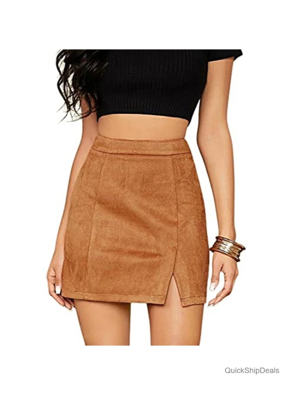 High Waist Faux Suede Side Split Bodycon Mini Skirt